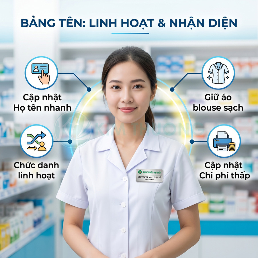 Bảng tên nhân viên dược sĩ gắn trên áo blouse trắng trong nhà thuốc, dễ nhận diện và cập nhật thông tin linh hoạt