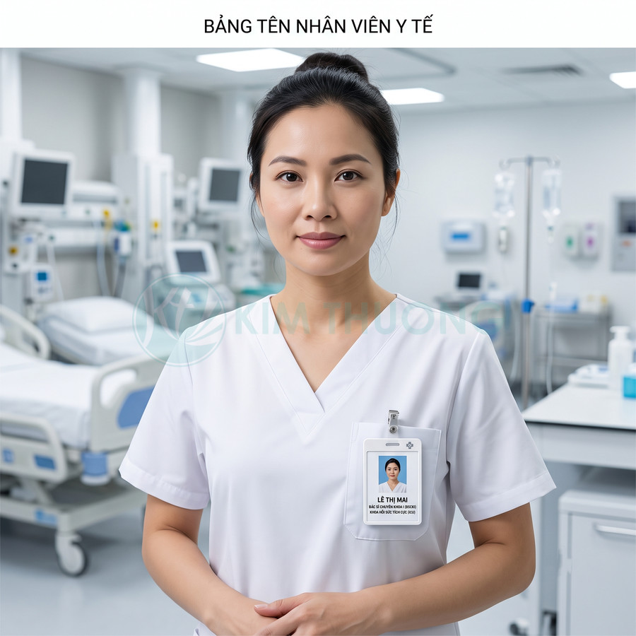 Bảng tên nhân viên y tế gắn trên áo blouse trắng trong phòng bệnh viện hiện đại