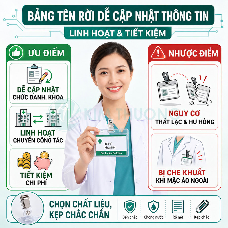 Bác sĩ cầm bảng tên rời đeo áo blouse, giới thiệu ưu nhược điểm và chất liệu kẹp bảng tên nhân viên