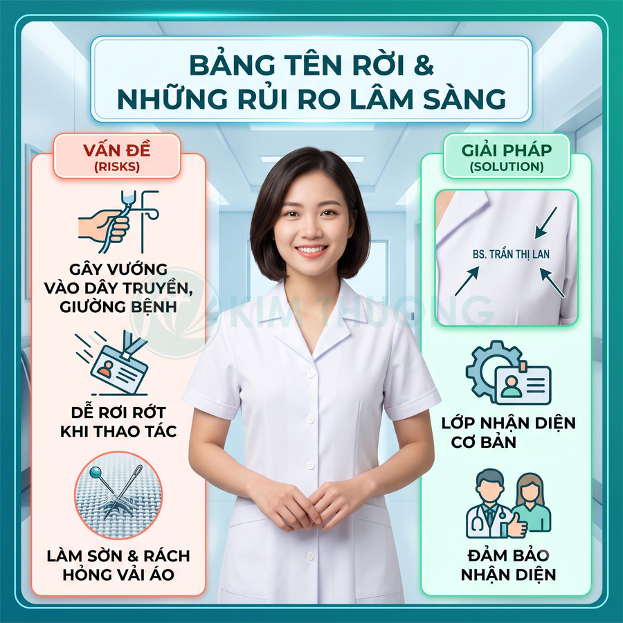 Nữ bác sĩ mặc áo blouse trắng với bảng tên in trực tiếp trên áo, giải pháp thay thế bảng tên rời trong bệnh viện