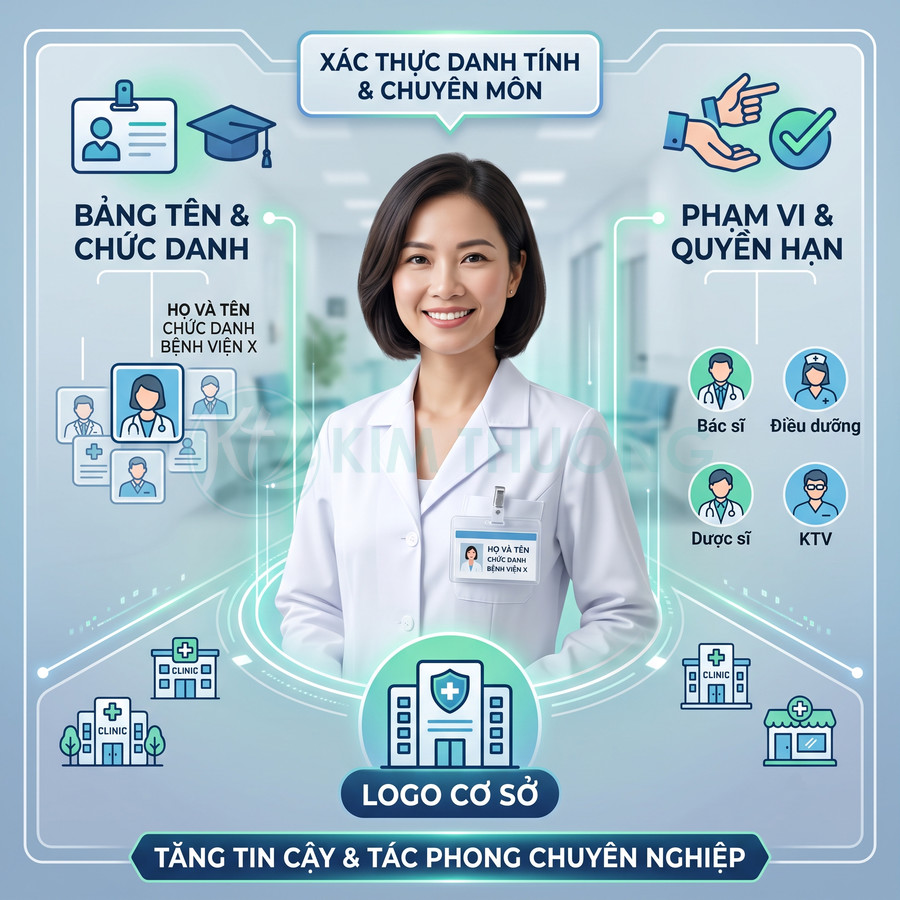 Bảng tên nhân viên y tế gắn trên áo blouse giúp xác thực danh tính, chức danh và tăng độ tin cậy trong bệnh viện