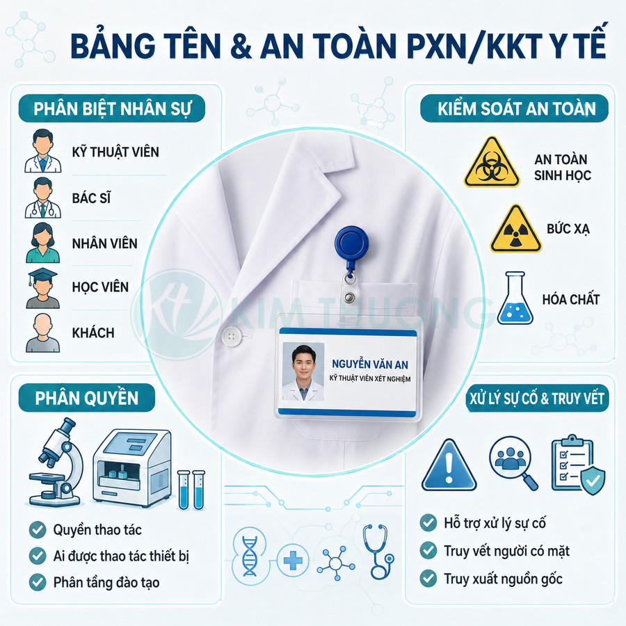 Bảng tên nhân viên y tế gắn trên áo blouse trắng dùng phân biệt nhân sự và kiểm soát an toàn phòng xét nghiệm
