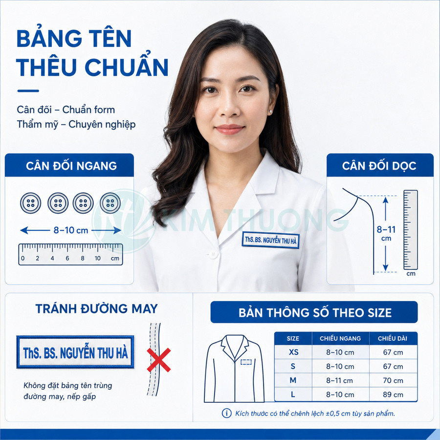 Bảng tên thêu chuẩn trên áo blouse bác sĩ nữ màu trắng kèm hướng dẫn vị trí và kích thước gắn bảng tên