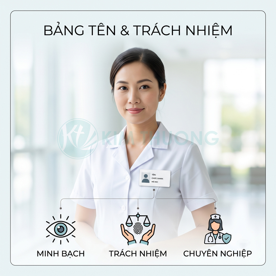 Nữ nhân viên y tế đeo bảng tên trước ngực thể hiện sự minh bạch trách nhiệm và chuyên nghiệp