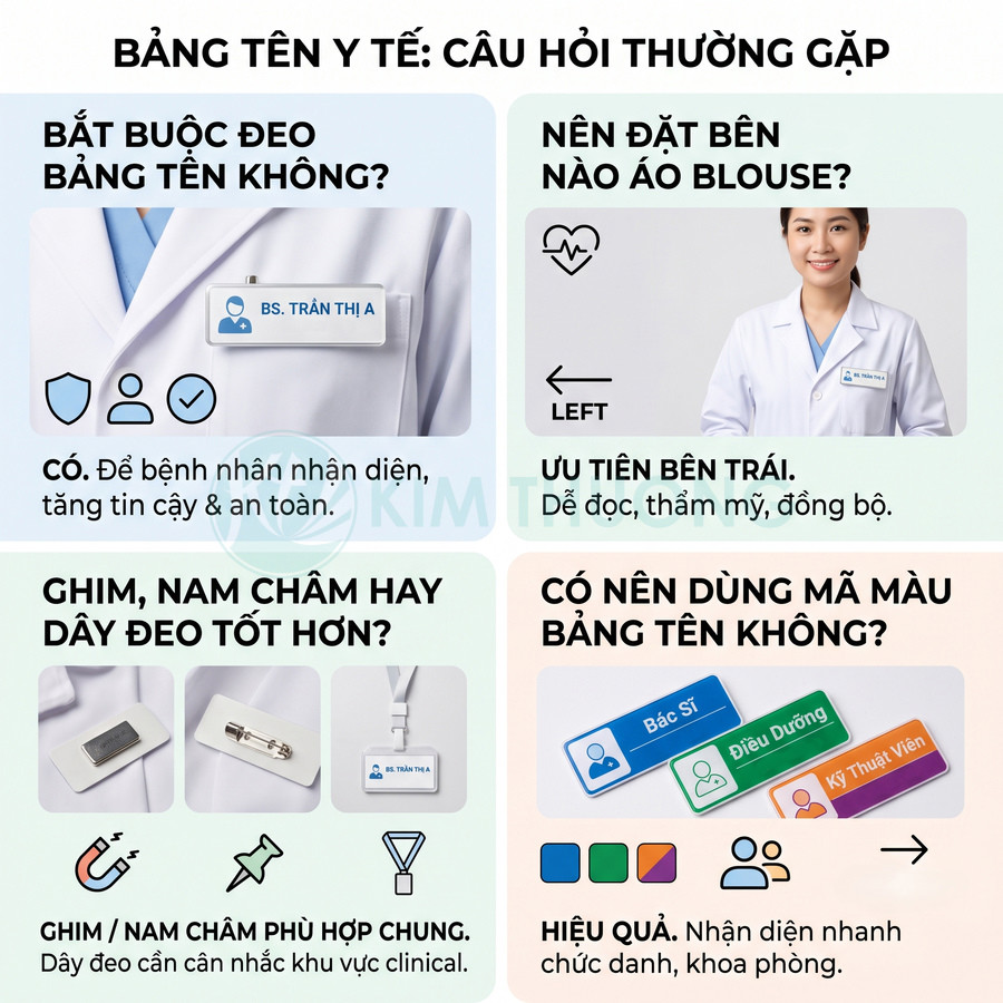 Bảng tên y tế cho bác sĩ điều dưỡng kỹ thuật viên với nhiều màu sắc và kiểu gắn trên áo blouse