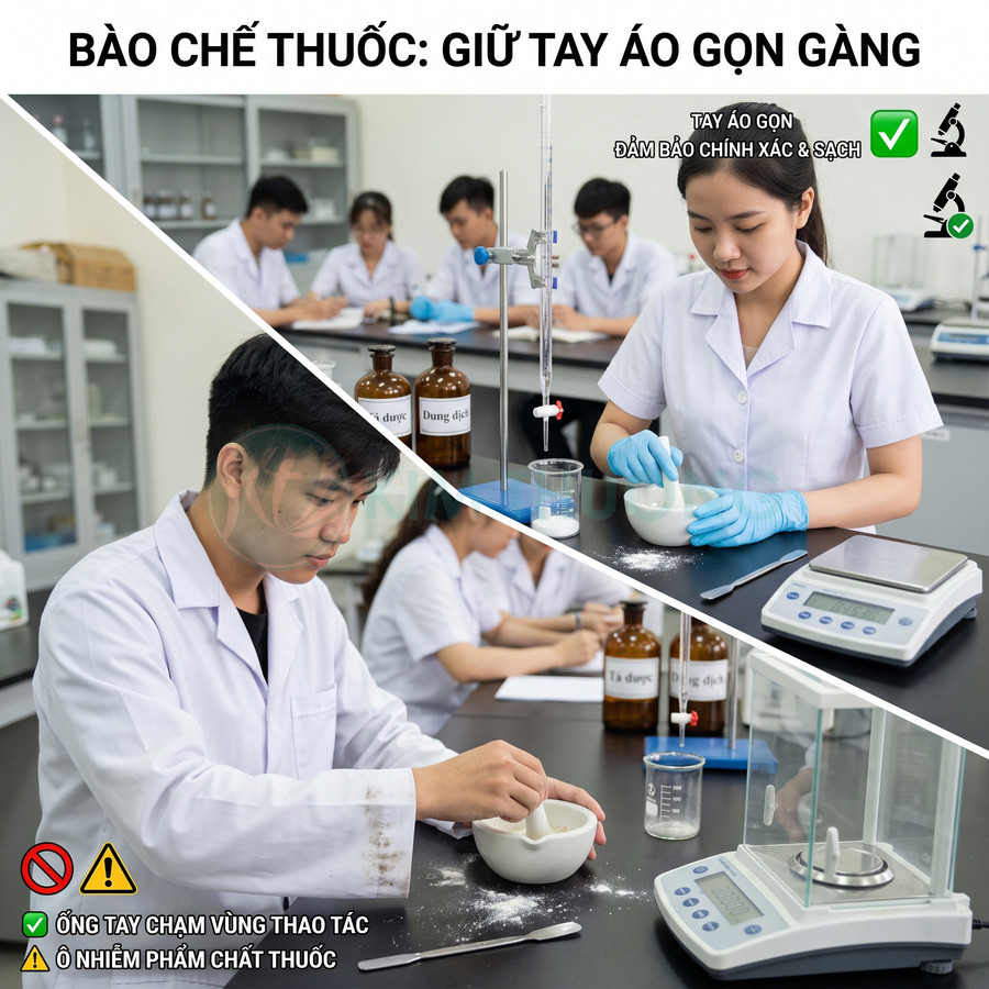 Sinh viên dược thực hành bào chế thuốc trong phòng thí nghiệm với cân điện tử và chày cối, tay áo gọn gàng sạch sẽ