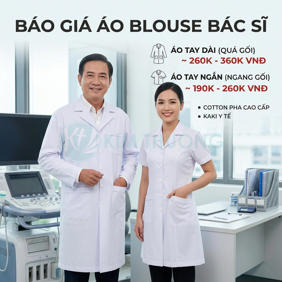Áo blouse bác sĩ tay dài và tay ngắn chất liệu cotton pha cao cấp, mẫu nam nữ đứng trong phòng khám