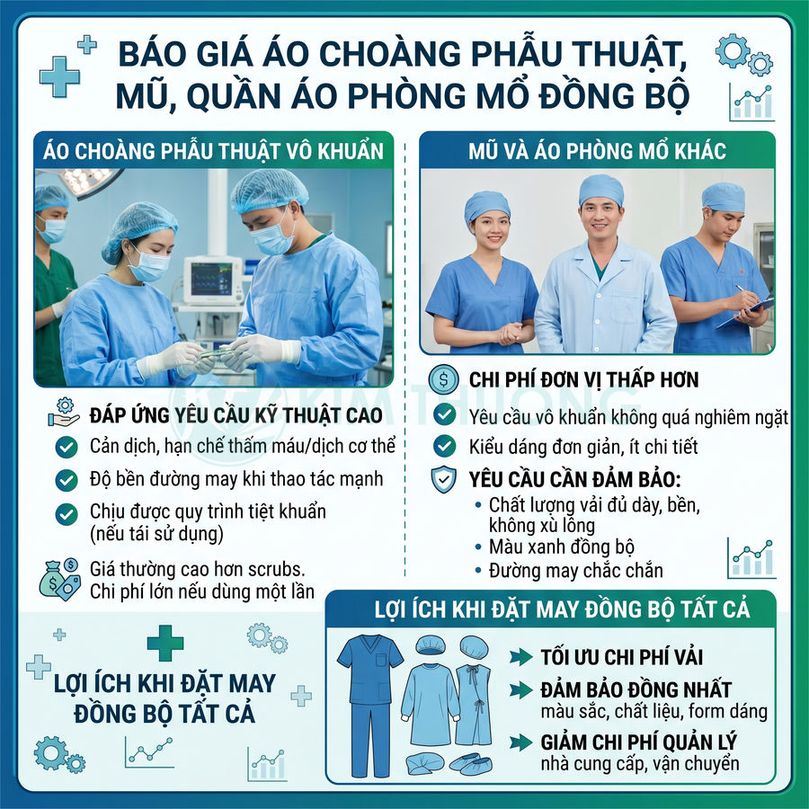 Bảng giới thiệu báo giá áo choàng phẫu thuật vô khuẩn, mũ và quần áo phòng mổ đồng bộ cho bệnh viện
