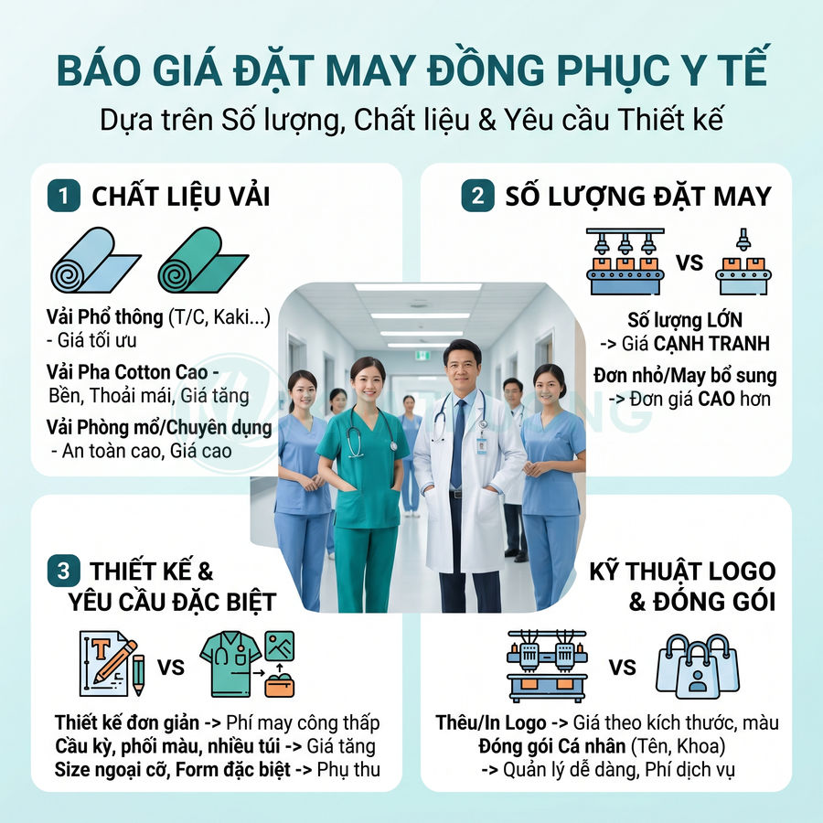 Bảng báo giá dịch vụ may đồng phục y tế với hình ảnh bác sĩ y tá mặc áo blouse và scrub trong bệnh viện