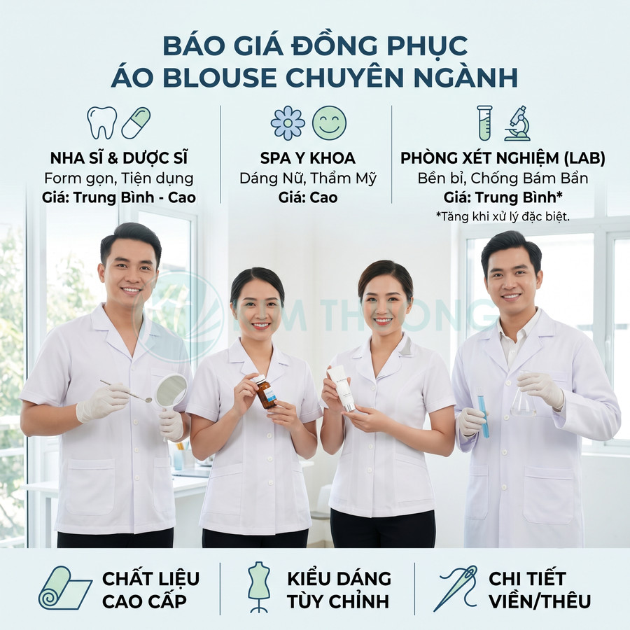 Nhóm nhân viên y tế mặc áo blouse trắng đồng phục chuyên ngành, cầm dụng cụ và sản phẩm y khoa trong phòng khám