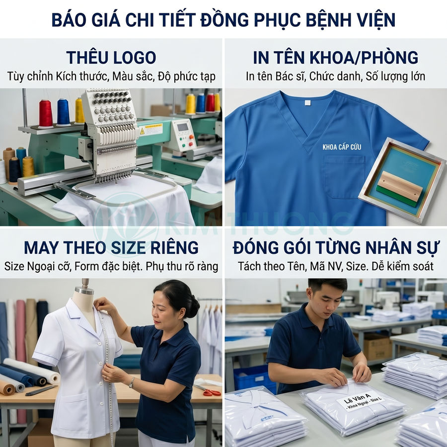 Quy trình may thêu logo, in tên khoa và đóng gói đồng phục bệnh viện theo size riêng từng nhân sự