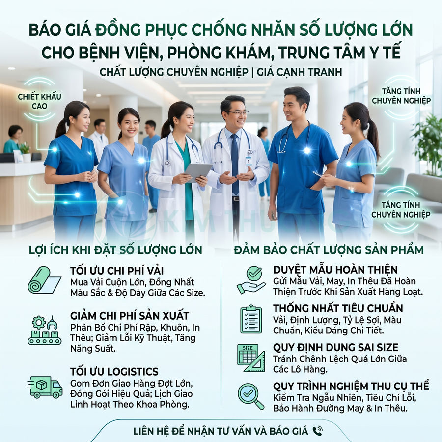 Nhân viên y tế mặc đồng phục chống nhăn màu xanh và trắng đứng tư vấn báo giá may đồng phục bệnh viện