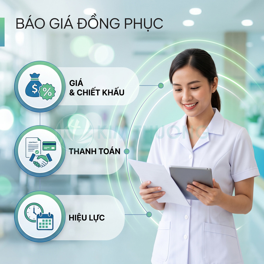 Nhân viên y tế mặc đồng phục trắng cầm tài liệu và máy tính bảng trong bệnh viện hiện đại