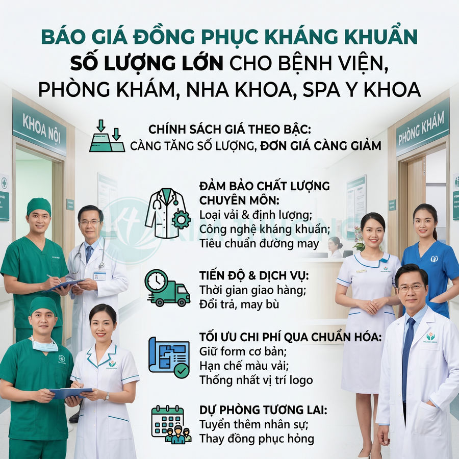 Báo giá đồng phục y tế kháng khuẩn số lượng lớn cho bệnh viện, phòng khám, nha khoa, spa y khoa