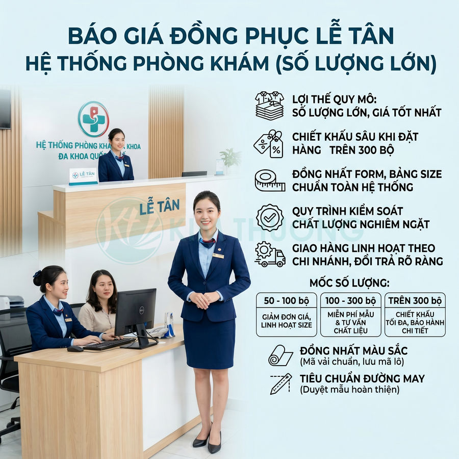 Đồng phục lễ tân nữ màu xanh navy cho hệ thống phòng khám đa khoa, thiết kế vest chân váy chuyên nghiệp