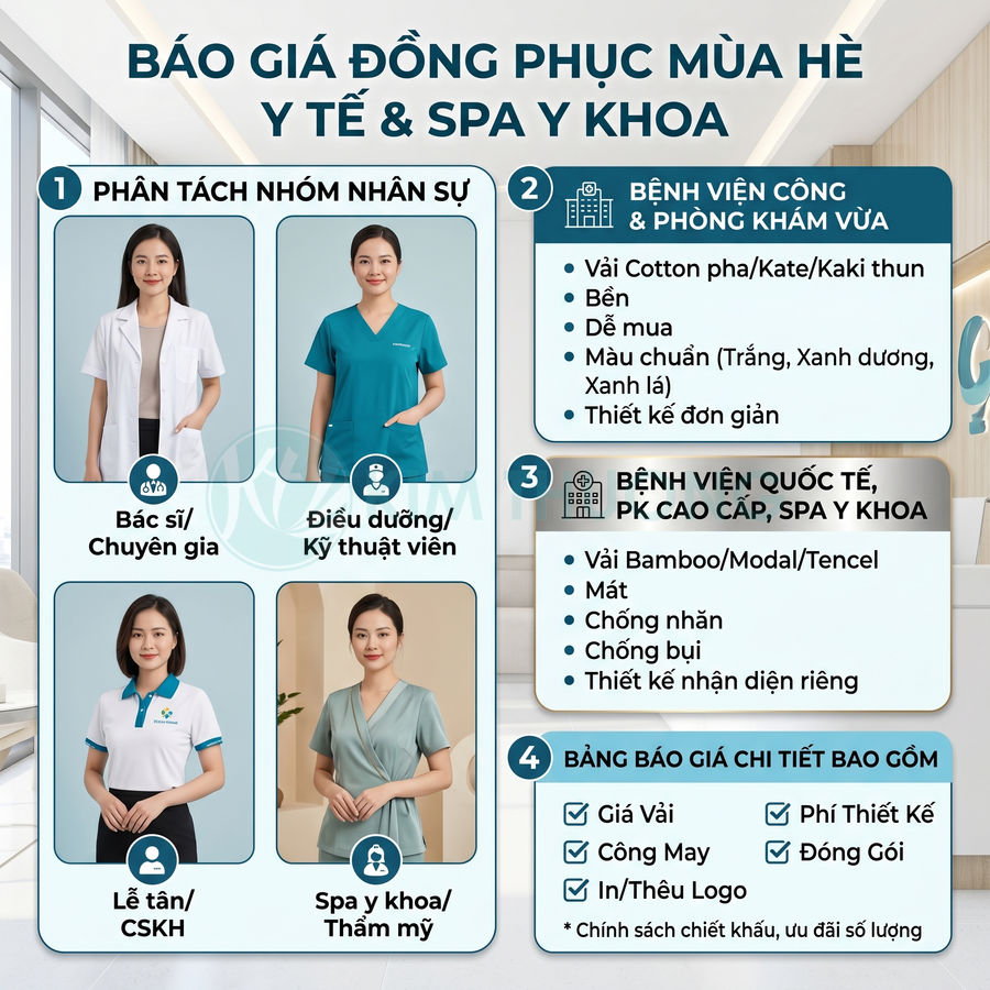 Bảng báo giá đồng phục mùa hè cho bác sĩ, điều dưỡng, lễ tân và spa y khoa với nhiều chất liệu vải khác nhau