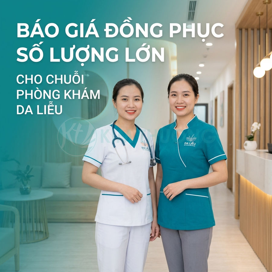 Đồng phục y tá phòng khám da liễu màu trắng và xanh cho chuỗi phòng khám số lượng lớn