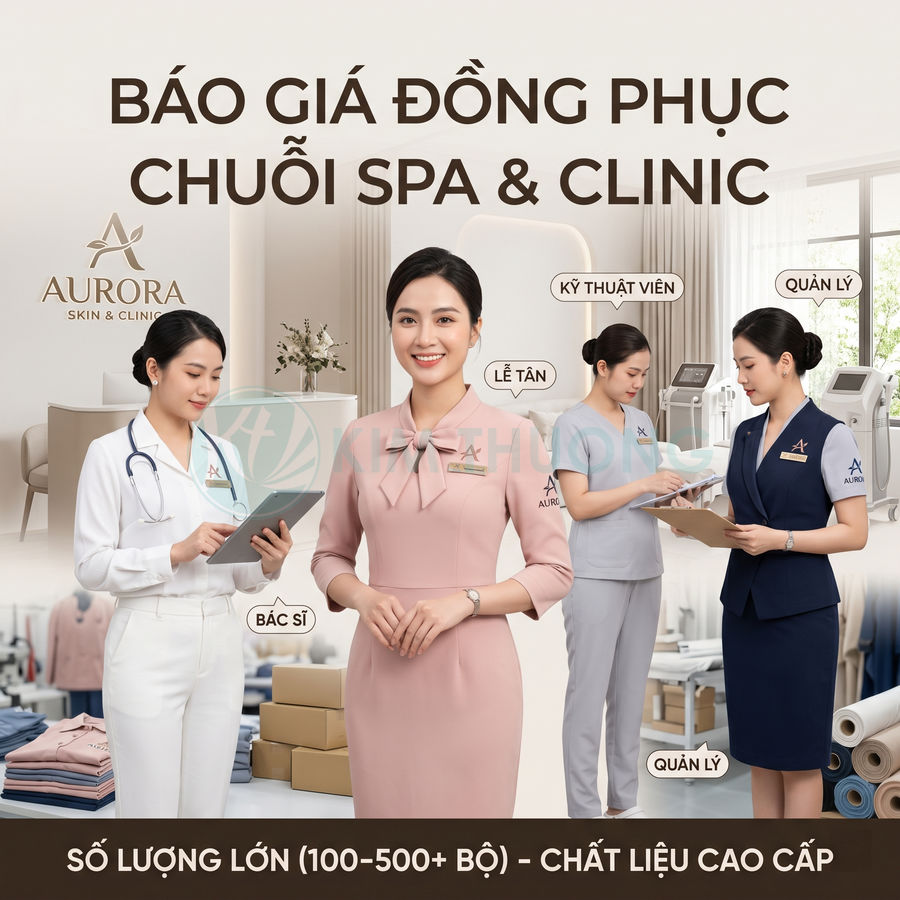 Đồng phục spa clinic Aurora cao cấp cho lễ tân, bác sĩ, kỹ thuật viên và quản lý nhiều màu sắc