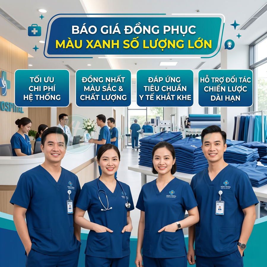Nhân viên y tế mặc đồng phục bệnh viện màu xanh dương đứng trong phòng trưng bày nhiều bộ đồ scrubs xếp chồng