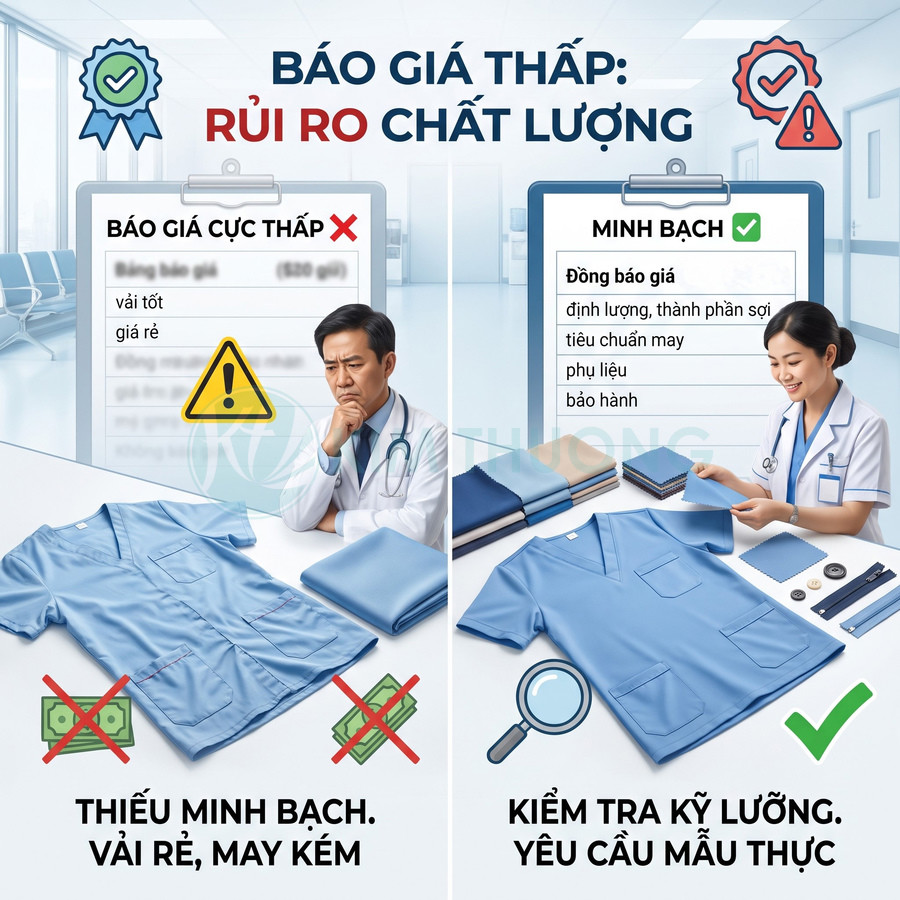 Áo blouse y tế màu xanh, minh họa yêu cầu báo giá minh bạch và kiểm tra kỹ chất liệu, đường may trước khi đặt may