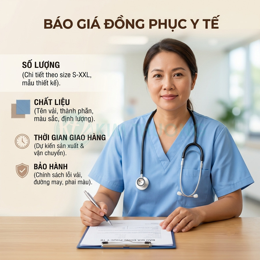 Đồng phục y tế màu xanh dương cho nữ bác sĩ, cổ tim, tay ngắn, kèm ống nghe và bảng báo giá chi tiết
