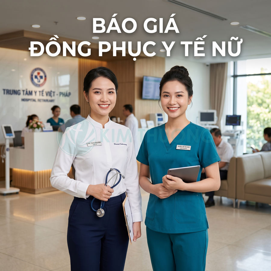 Đồng phục y tế nữ hiện đại với áo blouse trắng và bộ scrub xanh cho nhân viên bệnh viện