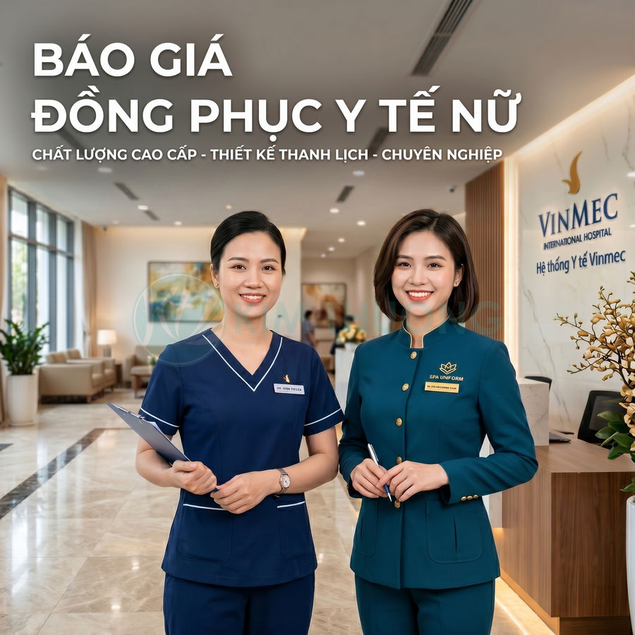 Đồng phục y tế nữ cao cấp Vinmec màu xanh navy và xanh ngọc, thiết kế thanh lịch chuyên nghiệp trong sảnh bệnh viện