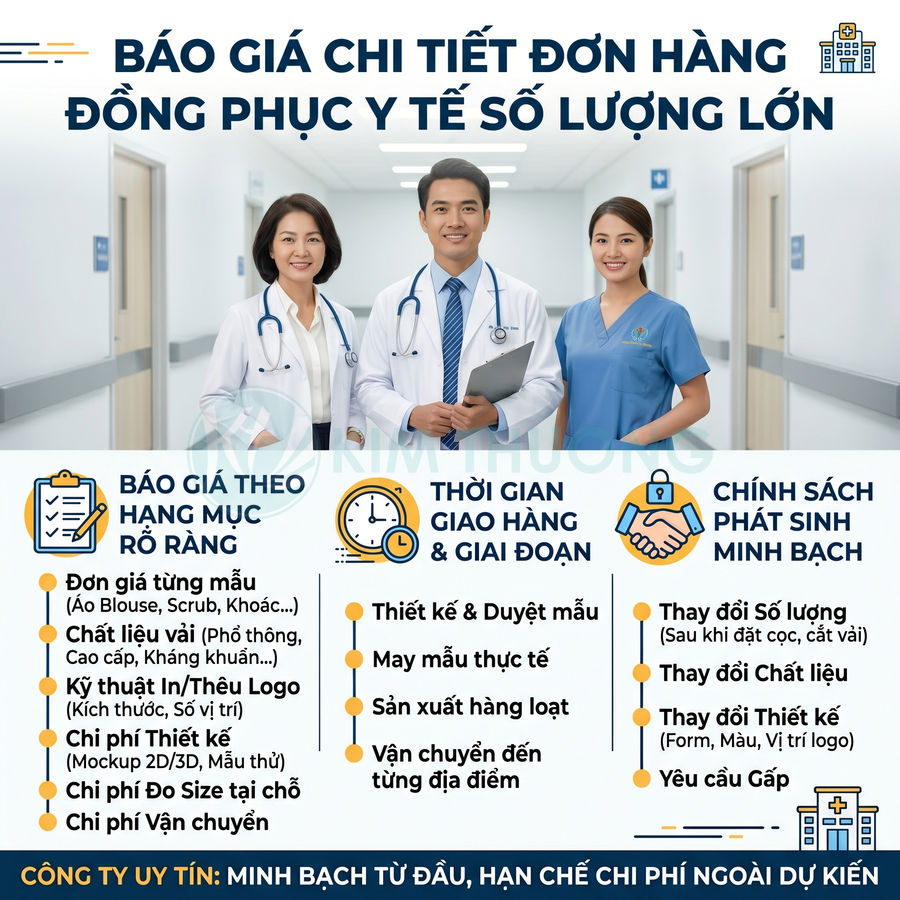 Báo giá chi tiết đơn hàng đồng phục y tế số lượng lớn với bác sĩ, y tá mặc áo blouse và scrub trong bệnh viện