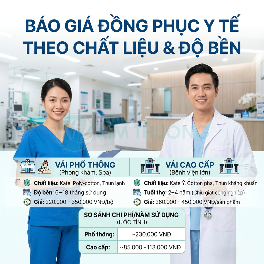 Bảng giá đồng phục y tế vải phổ thông và vải cao cấp với bác sĩ và y tá mặc mẫu trong bệnh viện