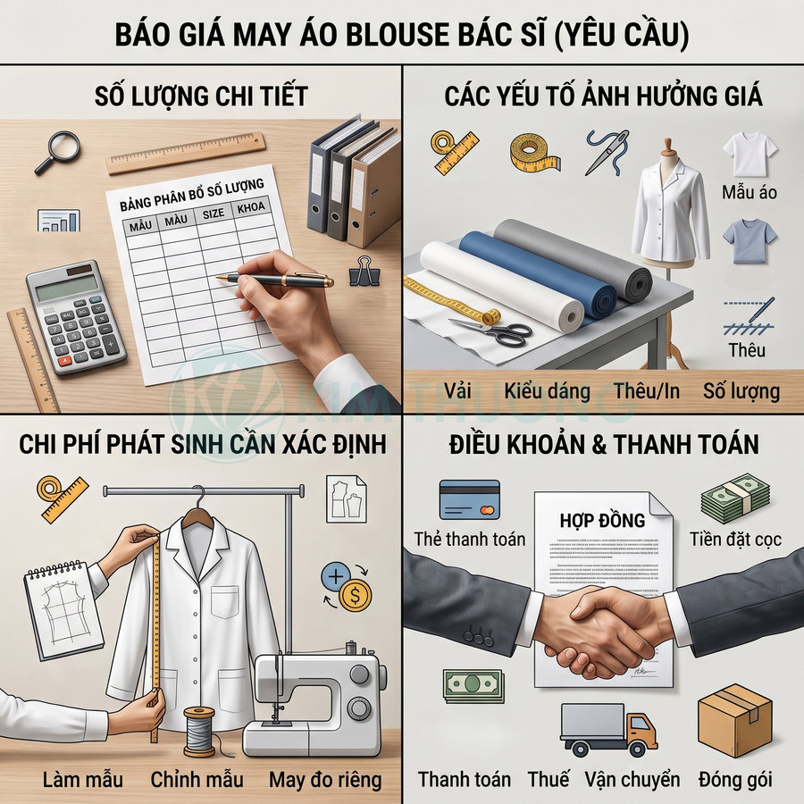 Infographic báo giá dịch vụ may áo blouse bác sĩ với các yếu tố ảnh hưởng giá và điều khoản thanh toán