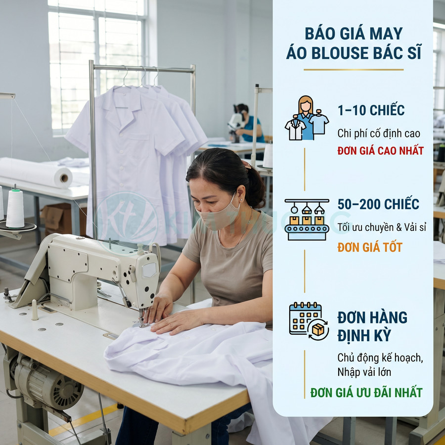 Thợ may đang may áo blouse bác sĩ màu trắng trong xưởng, cạnh bảng báo giá dịch vụ may áo blouse