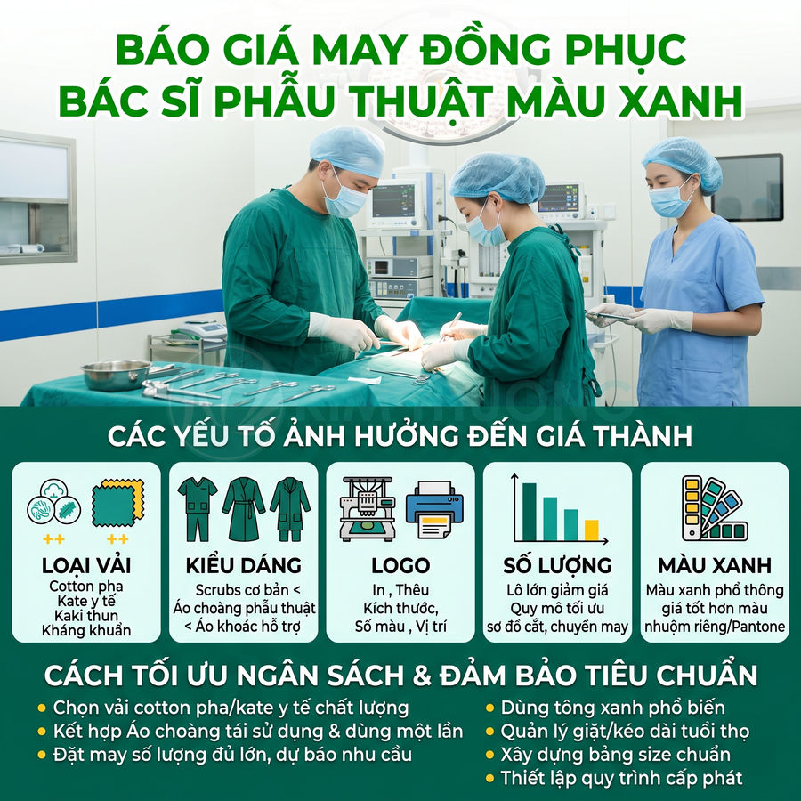 Báo giá may đồng phục bác sĩ phẫu thuật màu xanh, giới thiệu yếu tố ảnh hưởng giá và cách tối ưu ngân sách
