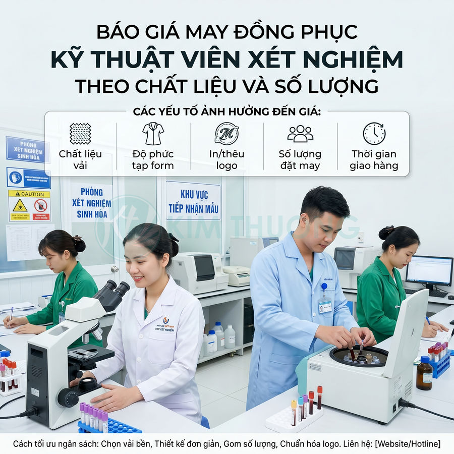 Đồng phục kỹ thuật viên xét nghiệm sinh hóa màu trắng xanh trong phòng lab hiện đại