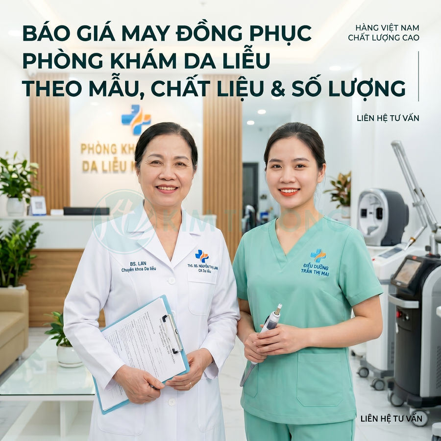 Đồng phục phòng khám da liễu màu trắng và xanh cho bác sĩ và điều dưỡng trong không gian phòng khám hiện đại
