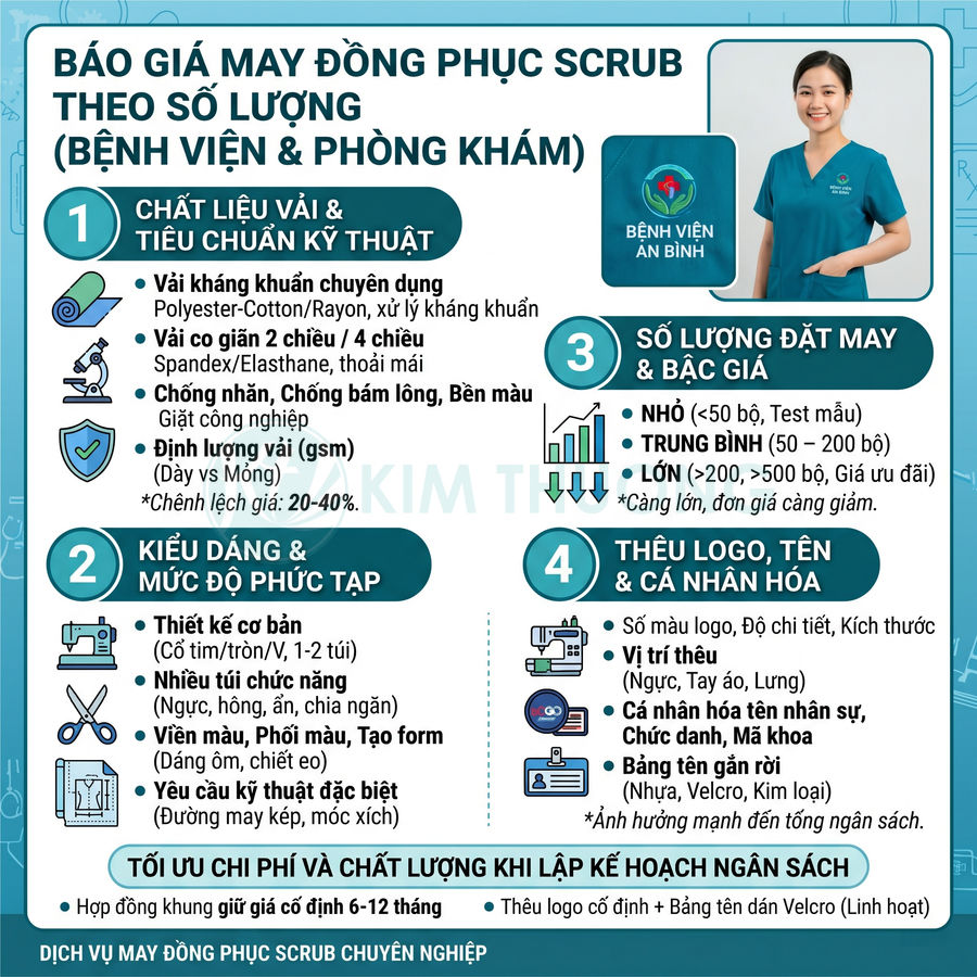 Bảng báo giá may đồng phục scrub bệnh viện phòng khám với mẫu áo scrub xanh và các tiêu chí chất liệu kiểu dáng