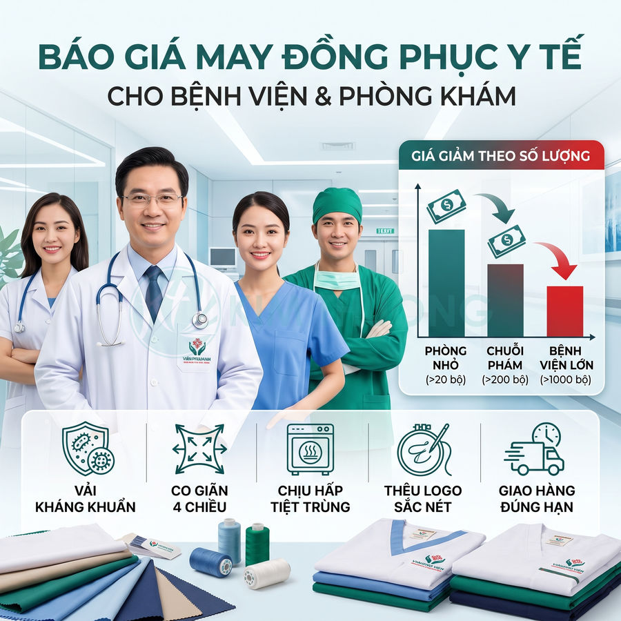 Báo giá may đồng phục y tế cho bệnh viện phòng khám với vải kháng khuẩn co giãn 4 chiều và thêu logo sắc nét