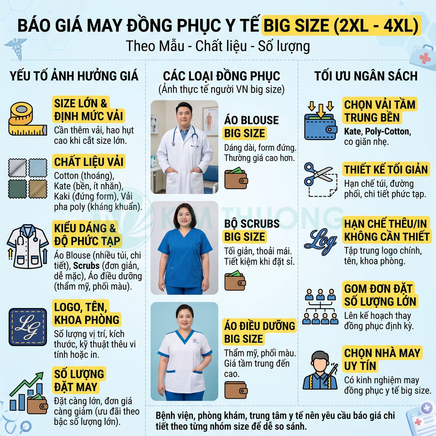 Bảng báo giá may đồng phục y tế big size 2XL đến 4XL với áo blouse, bộ scrubs và áo điều dưỡng