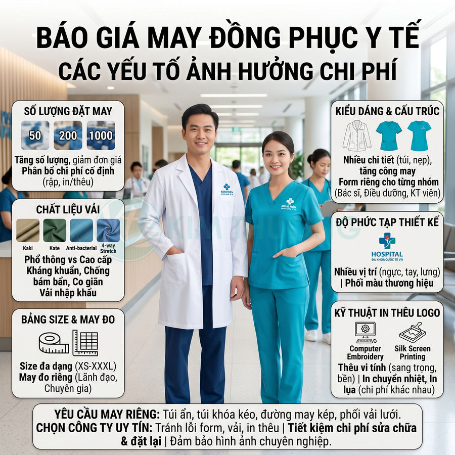 Bảng thông tin báo giá may đồng phục y tế với bác sĩ và y tá mặc áo blouse, scrub xanh trong bệnh viện
