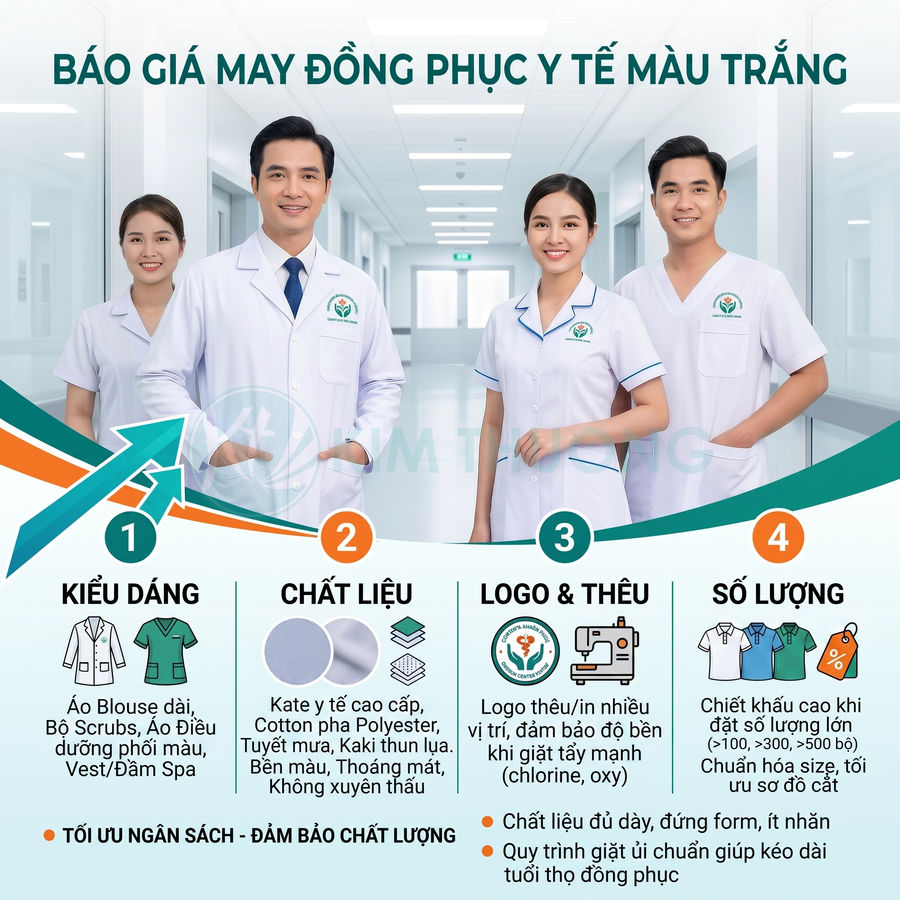 Báo giá may đồng phục y tế màu trắng với bốn mẫu áo blouse và scrub cho bác sĩ, y tá, điều dưỡng