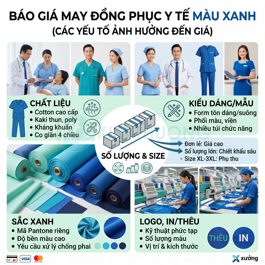 Báo giá may đồng phục y tế màu xanh với chất liệu vải, kiểu dáng và in thêu logo cho bệnh viện, phòng khám