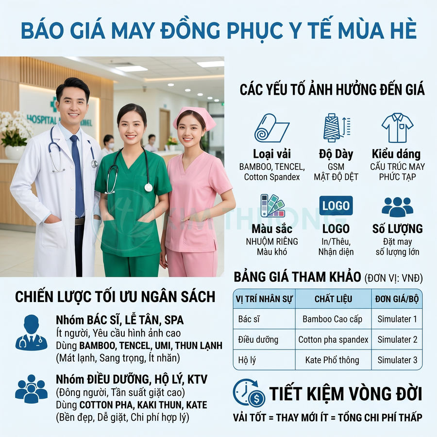 Báo giá may đồng phục y tế mùa hè với bác sĩ và điều dưỡng mặc áo blouse, scrub xanh và hồng trong bệnh viện