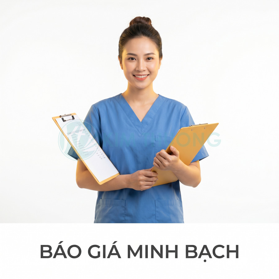 Nữ nhân viên y tế mặc đồng phục xanh mỉm cười cầm hai bảng kẹp hồ sơ với dòng chữ báo giá minh bạch