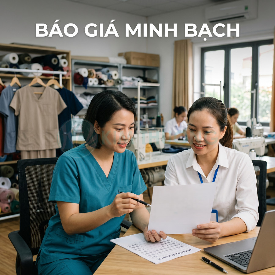 Nhân viên xưởng may đồng phục y tế tư vấn báo giá minh bạch cho khách hàng tại văn phòng