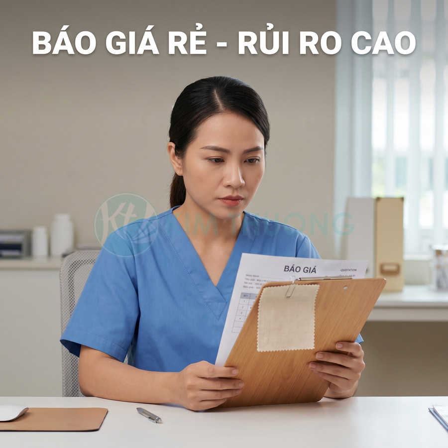 Nhân viên y tế mặc áo blouse xanh đang xem bảng báo giá với tiêu đề Báo giá rẻ rủi ro cao