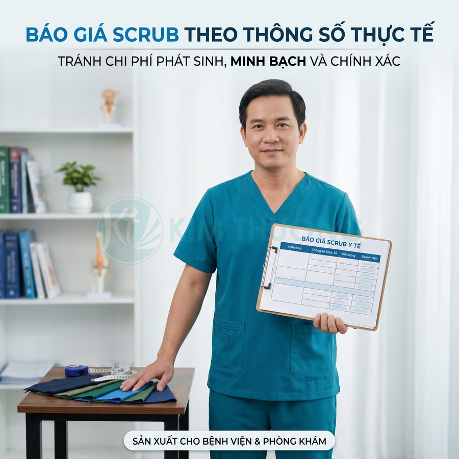 Nhân viên y tế mặc scrub xanh cầm bảng báo giá scrub y tế cạnh bàn vải mẫu và thước đo