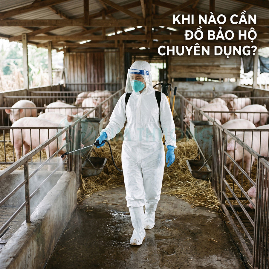 Nhân viên mặc đồ bảo hộ chuyên dụng phun khử trùng chuồng nuôi heo
