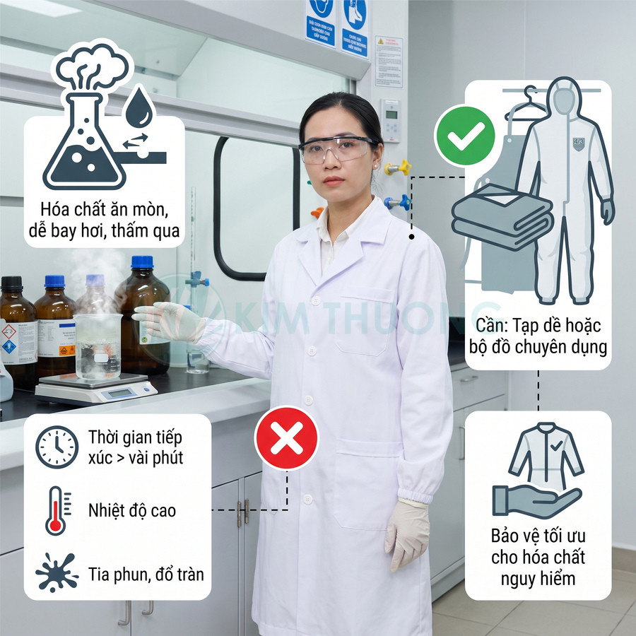 Nhân viên phòng thí nghiệm mặc áo blouse, kính và găng tay bảo hộ khi xử lý hóa chất ăn mòn 国产成人