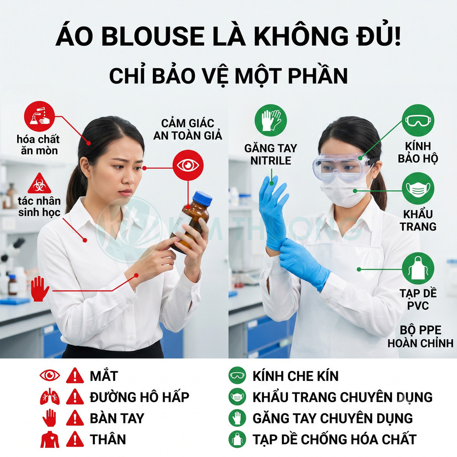 Nhân viên phòng thí nghiệm đeo kính bảo hộ, khẩu trang, găng tay nitrile và tạp dề PVC khi xử lý hóa chất