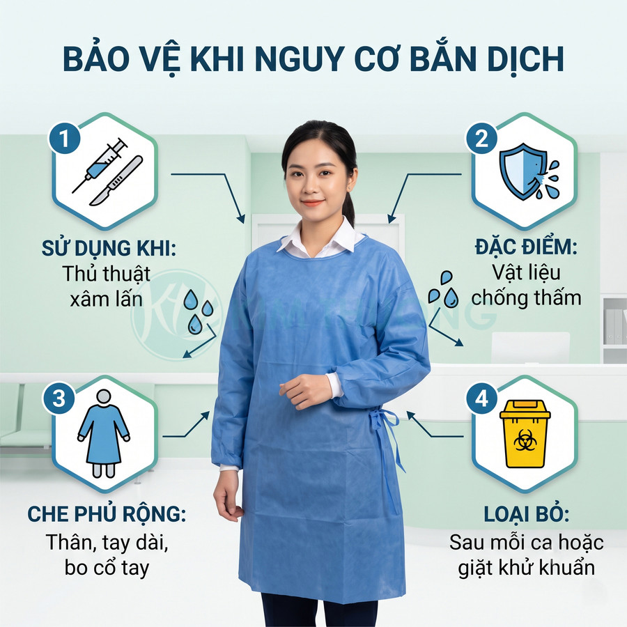 Nhân viên y tế mặc áo choàng bảo hộ y tế màu xanh chống thấm, tay dài, dùng khi có nguy cơ bắn dịch