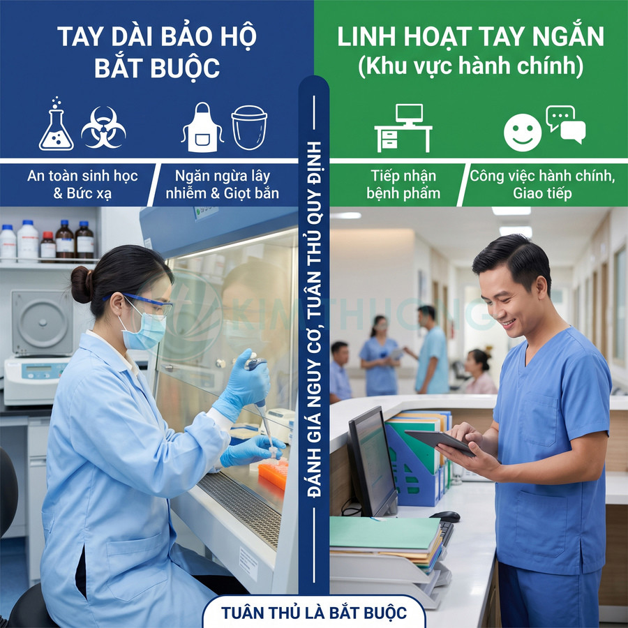 Nhân viên y tế mặc áo blouse tay dài trong phòng thí nghiệm và nhân viên mặc đồng phục tay ngắn ở khu vực hành chính